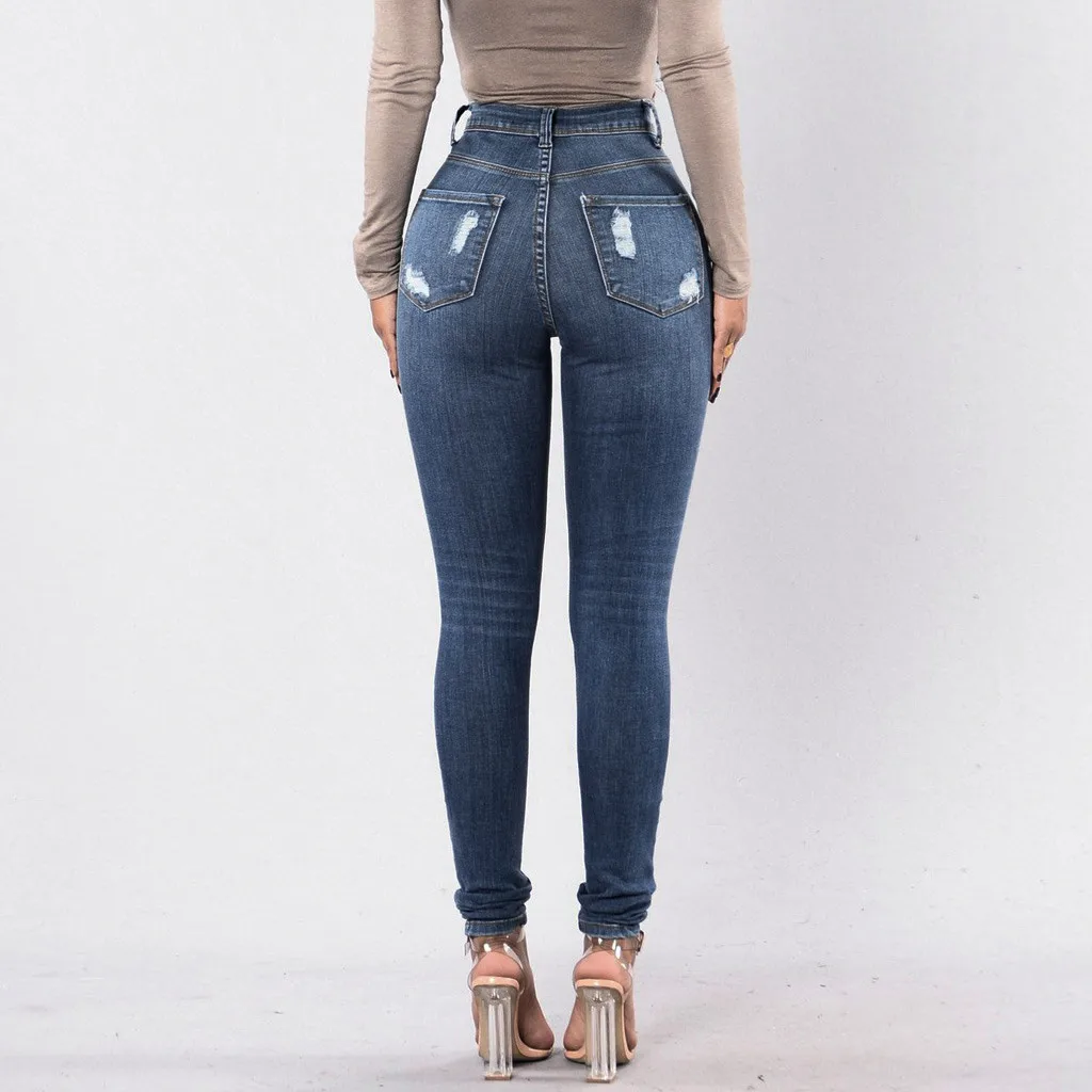 

NEW Fashion Lady High Waisted Jeans Skinny Hole Denim Jeans Slim Stretch Pants Calf Length Jeans Vintage Long Pants Streetwear