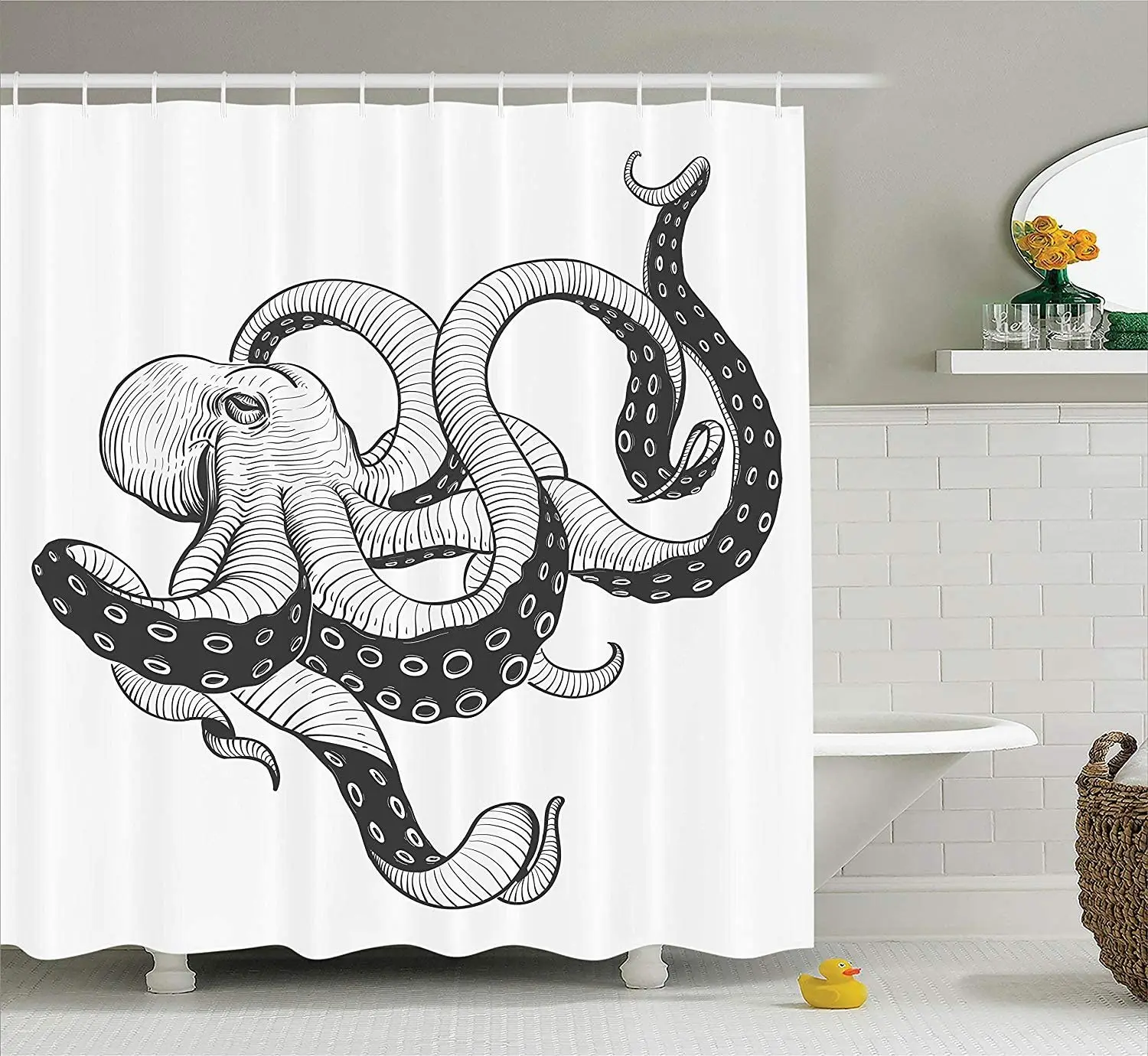 

Octopus Shower Curtain Vintage Style Illustration Kraken Sea Creature with Tentacles Nautical Cloth Fabric Bathroom Decor