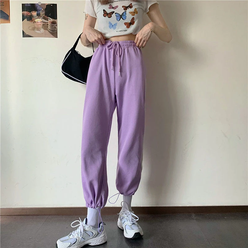 

2021 New Striped High Wasit Pants Drawstring Lace Up Loose Sweatpants Women Ankle Length Trousers Casual Fashion Pantalone KZ575