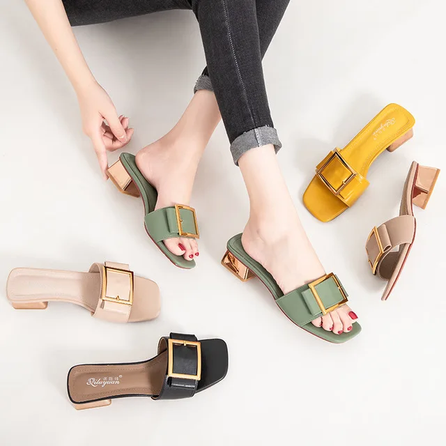 

2021 New women slippers buckle leather slides shoes solid thick sole heels beach sandals women outside slippers summer