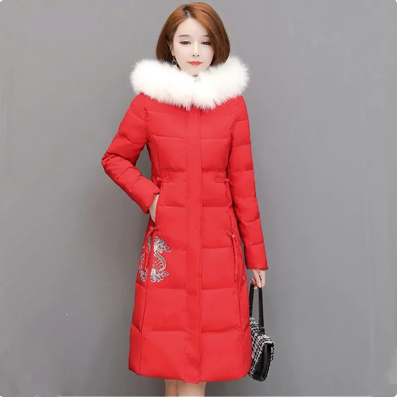 UHYTGF Jacket Women's Quality Down Cotton Coat Warm Winter Coat Fashion Embroidery Casual Big Size Outerwear Hooded Clothes 1142