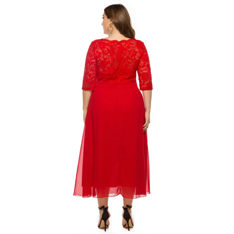

Plus Size Women's Dress Elegant Spliced Lace Chiffon Long Solid Red Office Ladies Vintage Oversize Basic Woman Clothing