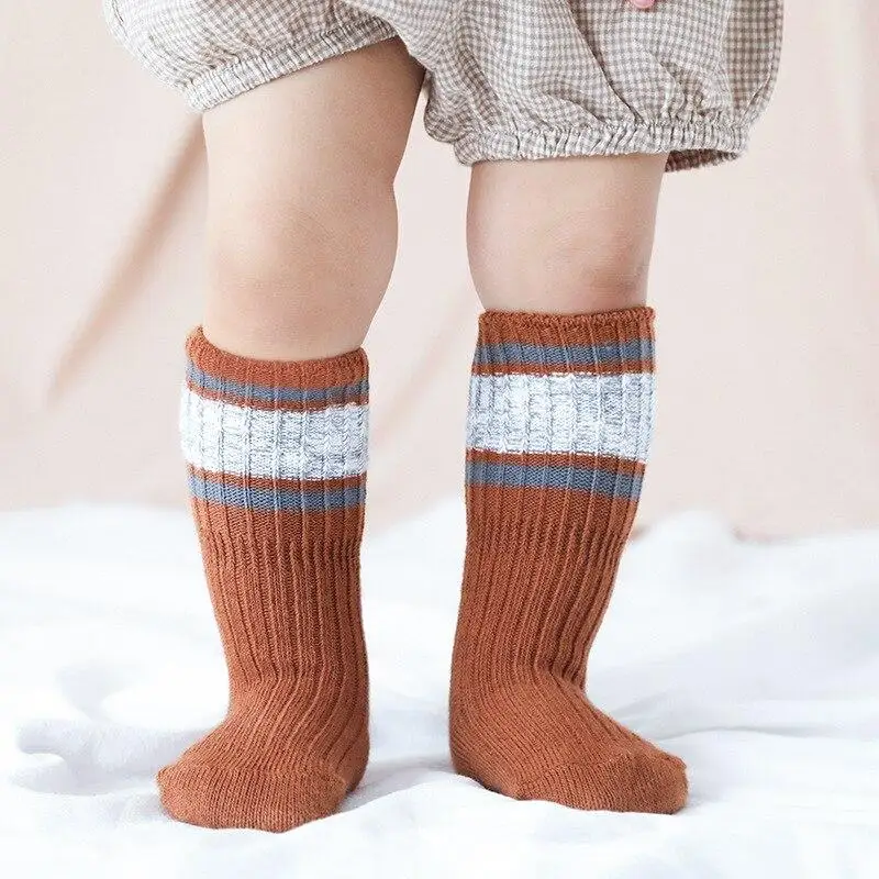 

Комплект детских носок двойной вязки из хлопка, для детей ясельного возраста Гольфы на осень и зиму в стиле пэчворк в полоску противоскольз...