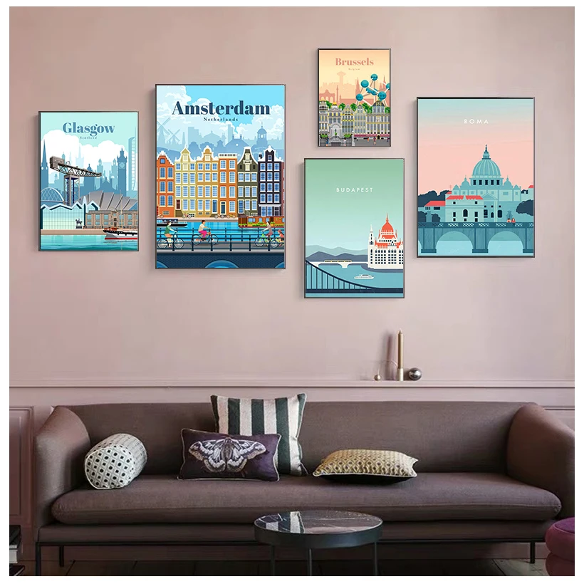 

Плакат мультяшный Город Силуэт люди и природный пейзаж холст живопись путешествия печать картина домашний декор цветное настенное искусст...