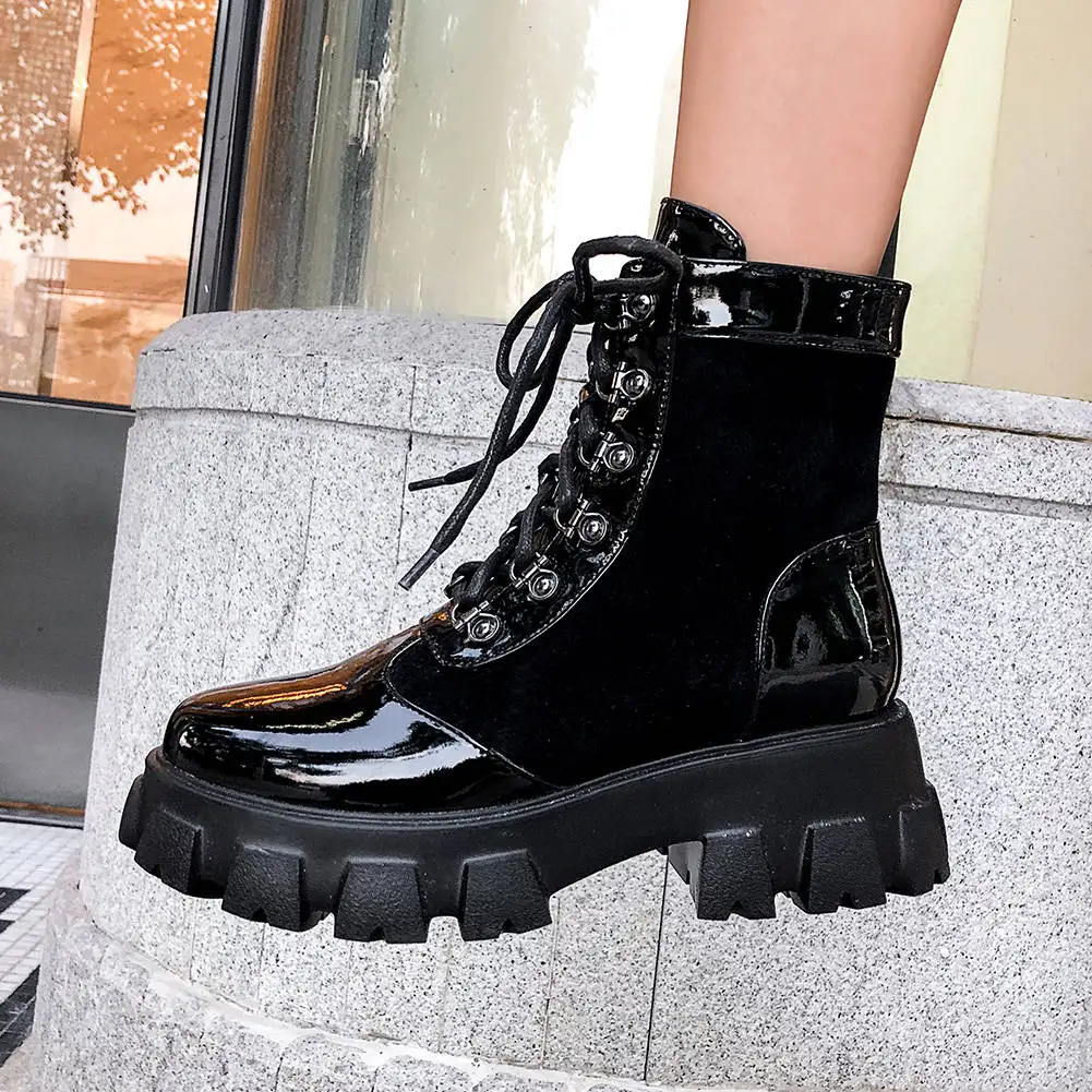 

RIBETRINI Brand Genuine Leather Platform shoes lace Chunky Heel Boots Fashion Winter Boots Women Stylish Cool Shoes Woman