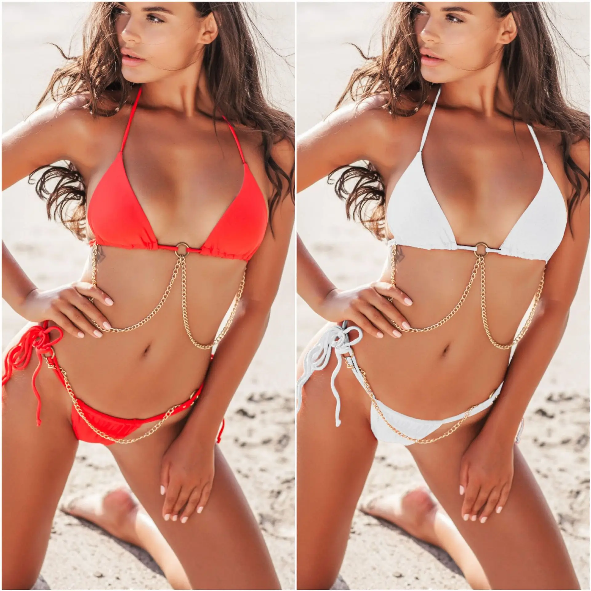 

Sexy Swimsuit Micro Triangle Bathing Suit Metal Chain Bikini Strappy Thong Two Piece Swimwear Women Brazilian Push Up Biquini