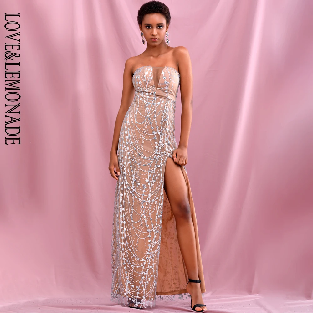 Женское облегающее платье LOVE & LEMONADE серебристое вечернее с разрезом модель