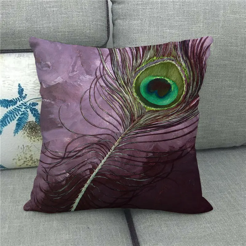 Разноцветный декоративный чехол-наволочка с изображением павлиньих перьев 18x18