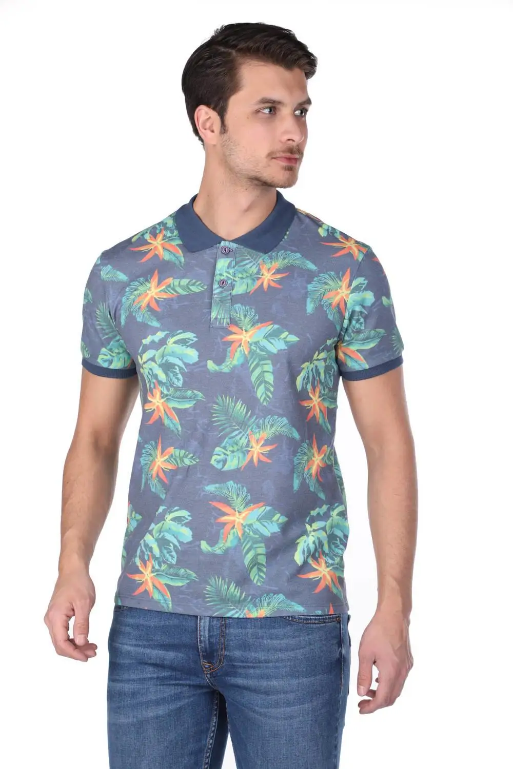 

Men's Leaf Print Polo Collar T-Shirt