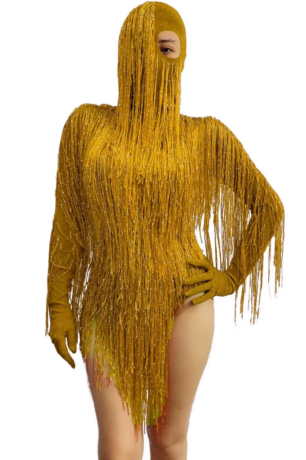 Red Gold Tassel Long Sleeve Elastic Hooded Bodysuit Women Masked Singer Stage Wear Dancer Team Jazz Dance Jumpsuit Sexy Costume