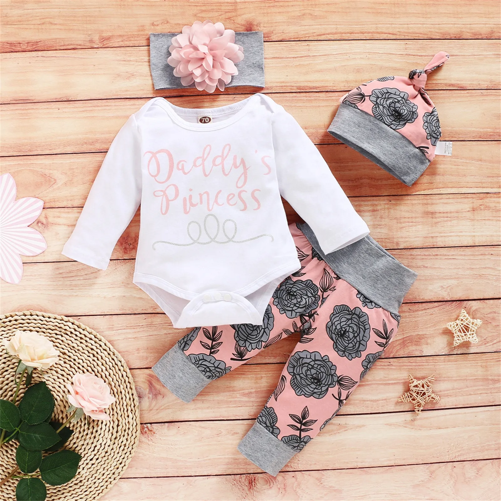 

Infant Baby Girls Letter Romper Tops+ Floral Pants Hat Headband Outfits Clothes Set Sweet And Lovely Baby Girl Outfit Clothes