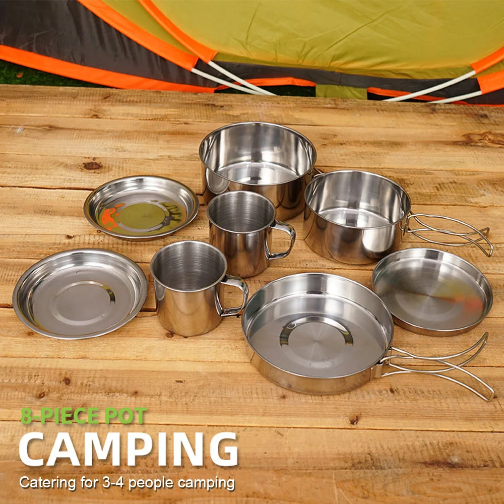 

8PCS/Set Camping Pot Set Stainless Steel Tableware Pots Cooking Cookware Pan Plate Cup for Hiking Backpacking Picnic BBQ Cookset