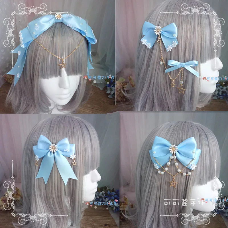 

Lolita headdress Japanese soft sister cute sweet girl sky blue shallow sax headband hair band antique wind chain clip