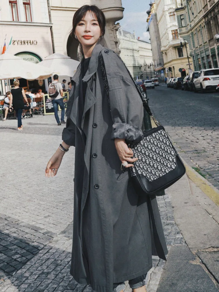 

2020 Spring Autumn New Women's Windbreaker Mid-length Korean Style Overcoat Loose Gary Double-breasted Long Trench Coat Female
