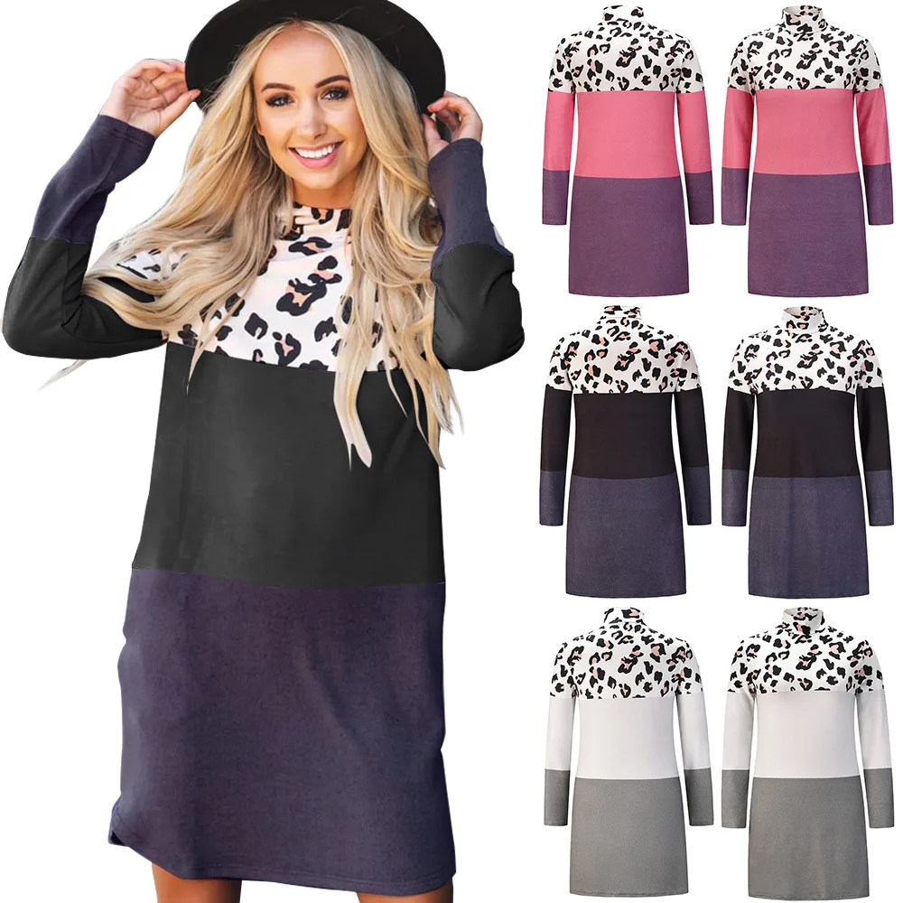 

Cheetah Leopard Patchwork new Tshirt Dress Woman Vintage O-neck Long Sleeve Loose Dress