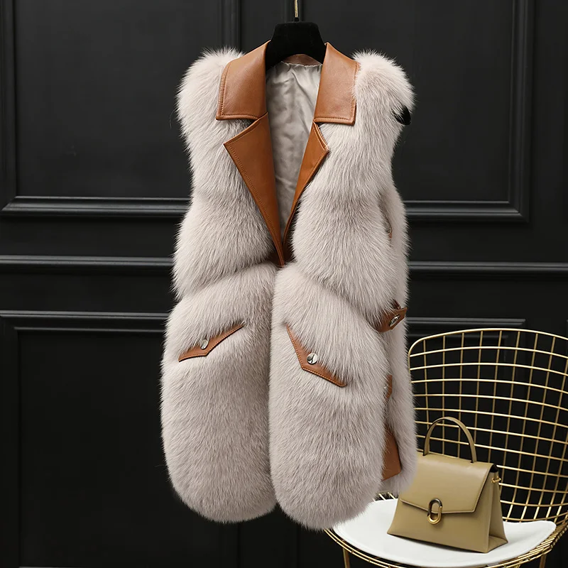 FURSARCAR 70cm Long Genuine Motorcycle Leather Vest For Women Real Natrual Fox Fur Waistcoat Feamle Winter Sheep Skin Fur Gilet