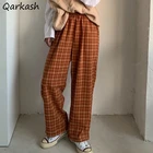 Прямые брюки в клетку для женщин, популярная модная хипстерская уличная одежда для подростков, колледжа, весенние женские Панталоны с высокой эластичной талией, 3 цвета