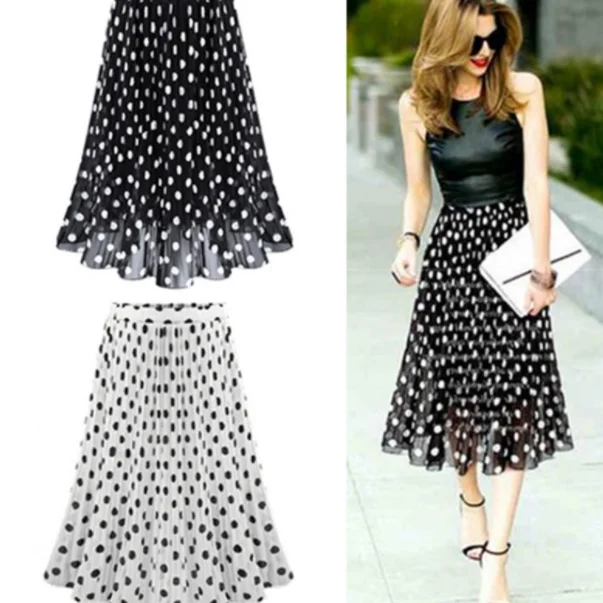 Женская шифоновая юбка в горошек белая черная с завышенной талией длинная