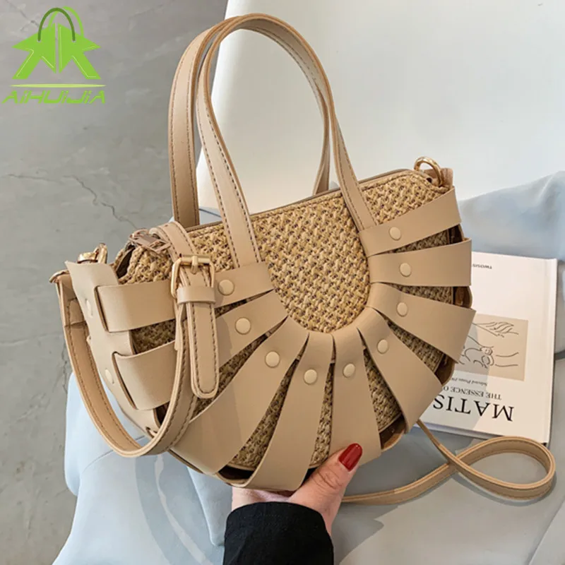 

Straw + Leather Hand-woven Ladies Handbags 2021 Summer New Rattan Bag Bohemia Beach Fashion Semicircle Shoulder Messenger Bag