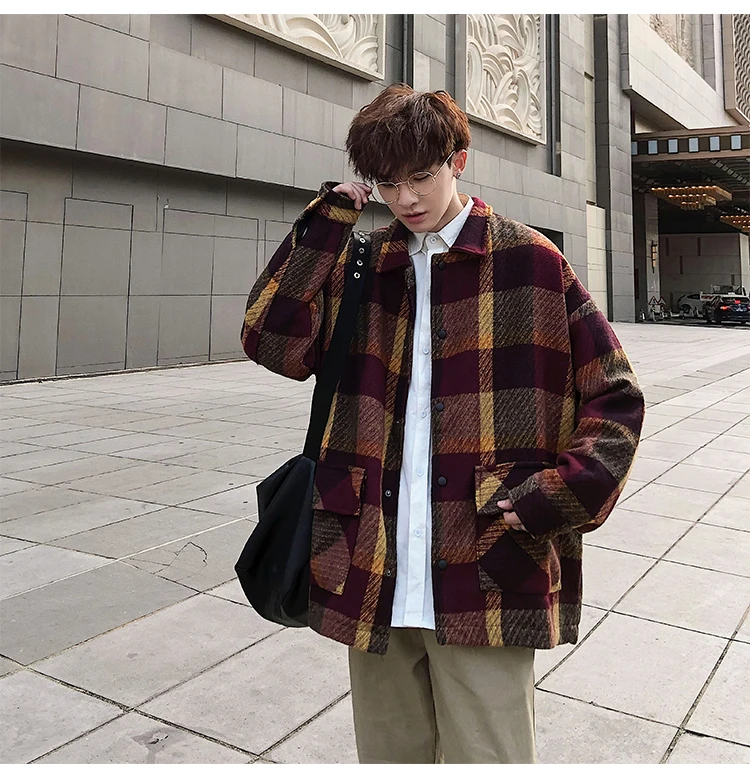 Fashion Mens woolen coat Red Khaki Loose plaid jacket Autumn Spring Winter