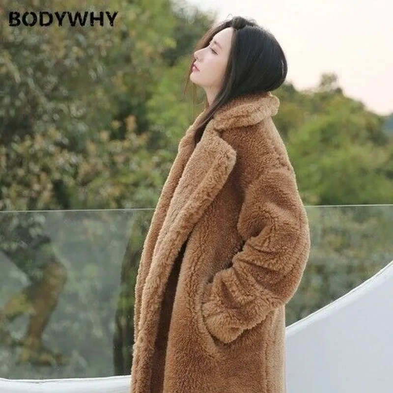 2020 Autumn Winter Casual Women Woolen Coat Teddy Long Overcoat Color Fashion Warm Loose Thicking Wool Blends Oversize Outwear