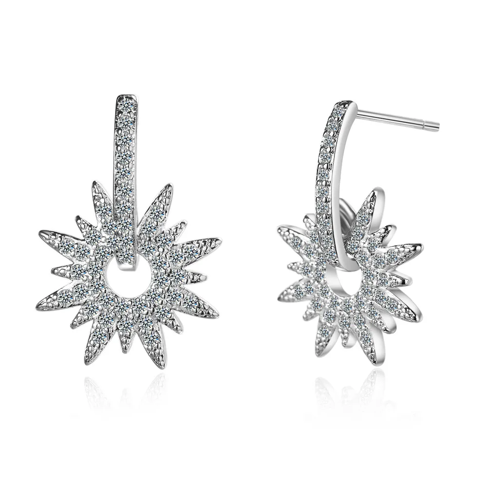 

Crystals Sunflower Stud Earrings Real S925 Silver Piercing Fine Jewelry For Women Wedding 2020 Christmas Gift