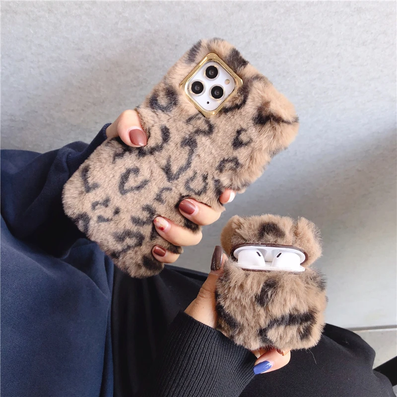 Leopard Plush Phone Case For Apple iPhone X XR XS 11 Pro Max 8 7 6S 6 Plus Cover Airpods 1 2 Cute Soft Girl Back Cases |