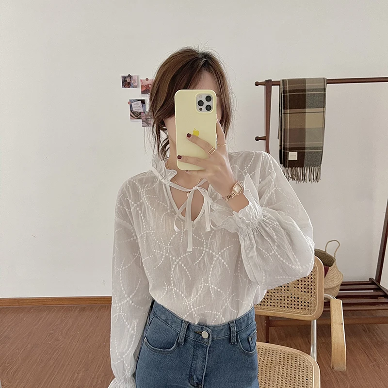 

Women Blouses Shirt Solid Summer 2021 New Print Lantern Sleeve Jacquard Tie V-neck Korean Style Short Female Tops