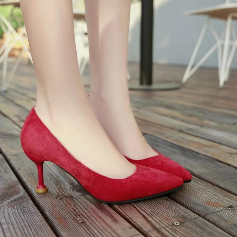 Женские туфли-лодочки с острым носком однотонные туфли из флока на высоком