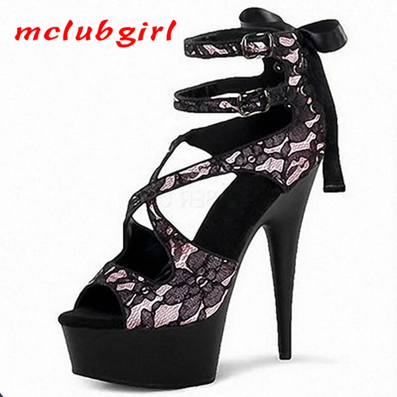 

Mclubgirl 15cm Heels Sexy Lace Bag with Cutout Heel, Super High Heel, Thick Bottom, Bow Tie, Roman Strap Sandals LYP