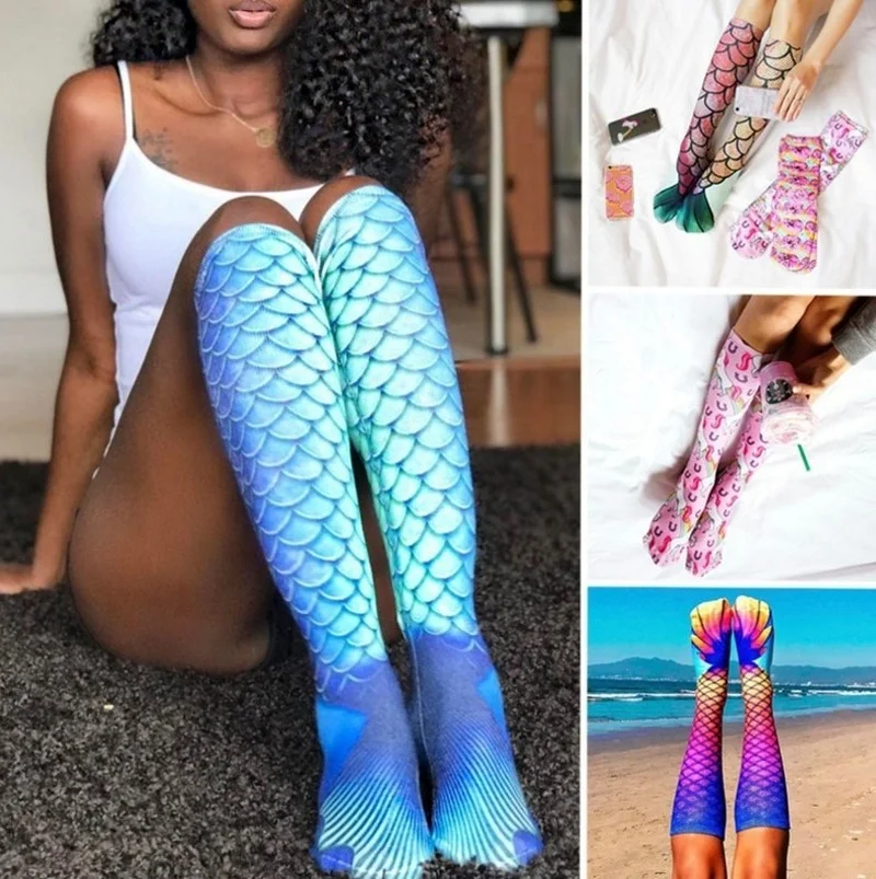 

1 Pair Beach Beach Women Socks 3D Printing Socks Knee-length Stockings Mermaid Pattern Printing Socks Thermal Transfer Printing