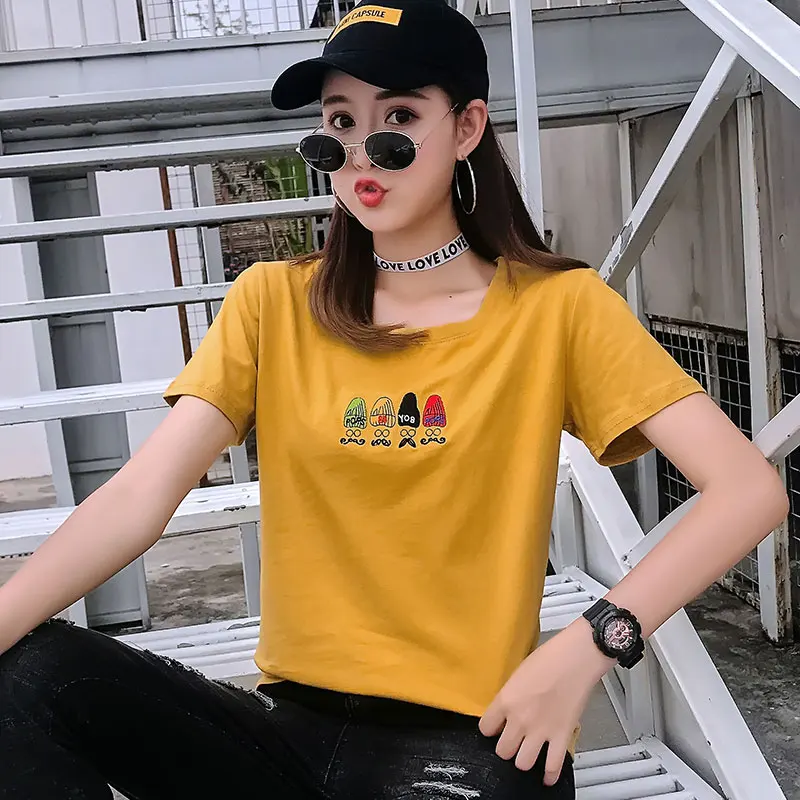 

Summer New Pure Cotton Short Sleeve T-shirt Female Embroidery Patterns Cute Korean Style Casual Student plus Size round Neck