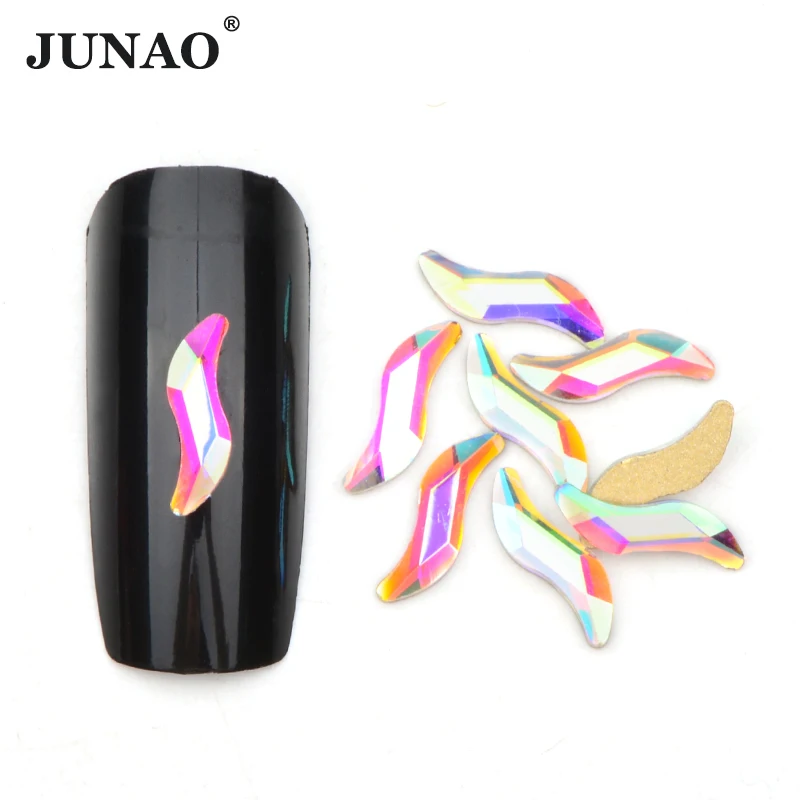 

JUNAO 50Pcs 2x9mm S Shape Glass Nail Rhinestone Flatback Fancy Crystal Stones Glue On Nail Strass Sticker Nail Art Decoration
