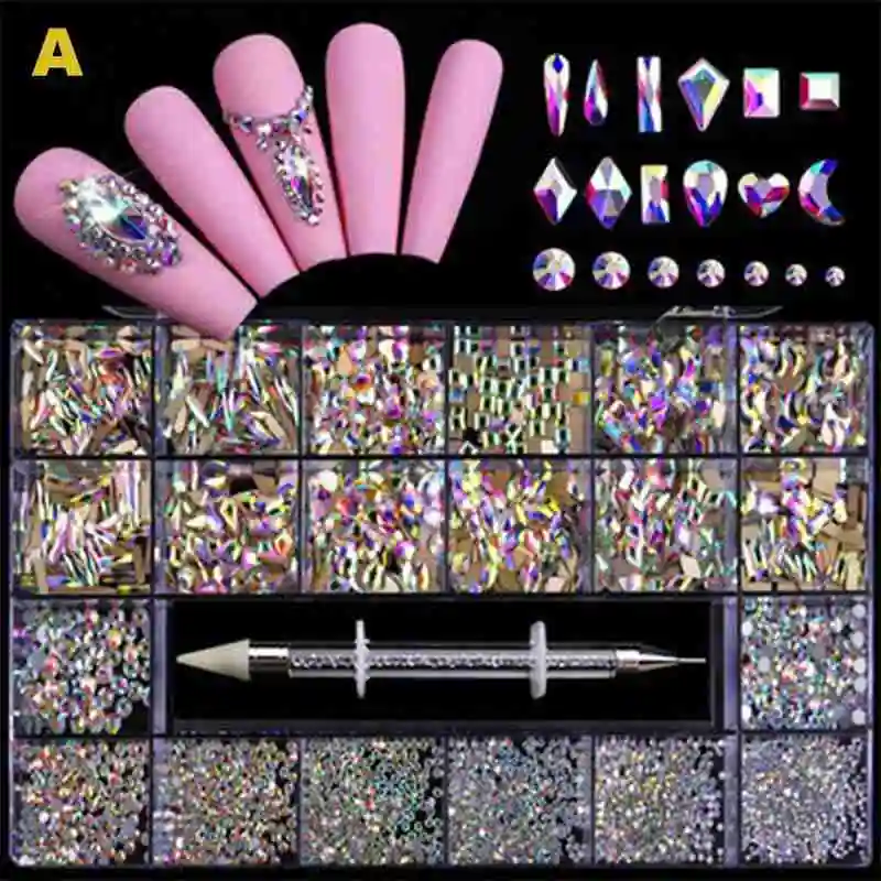 

21 Grid Boxed Art Nail Flat Glass Rhinestones Top Special Shaped Rhinestone Nail Set