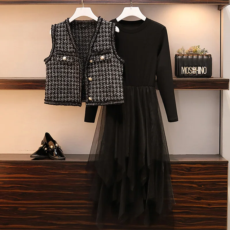 Женское элегантное платье размера плюс костюм с клетчатым жилетом и сетчатым