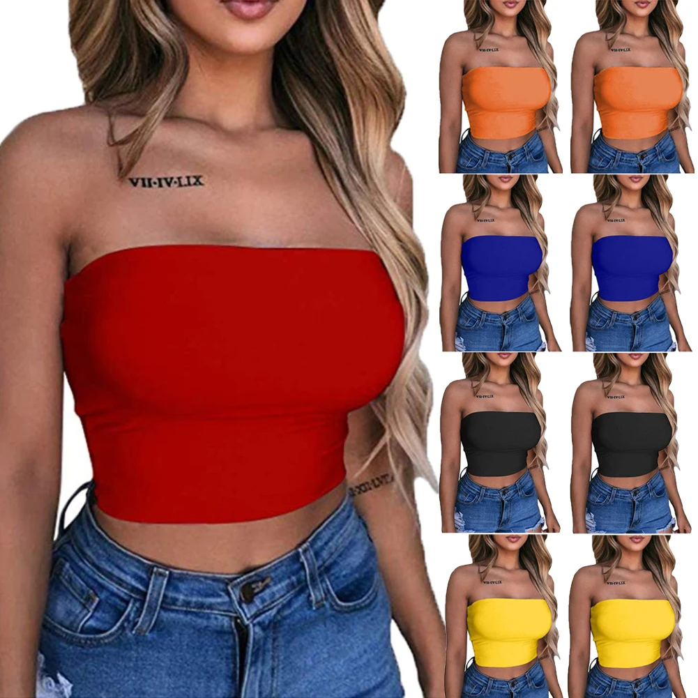 

women bandeau strapless crop top intimates ruffle sexy cropped shirts tube top mujer