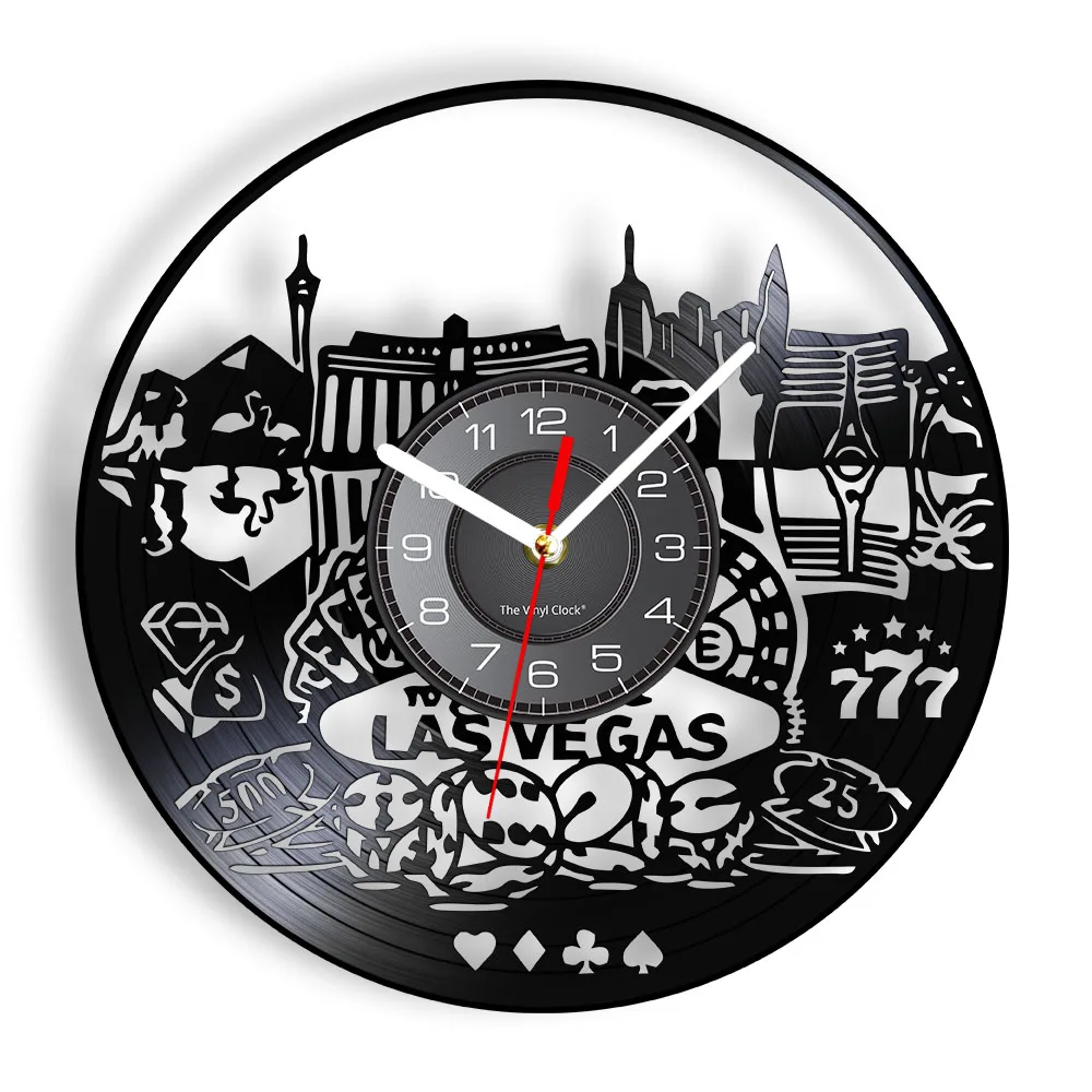 

Настенные часы с виниловой пластиной в стиле Лас-Вегаса, пейзаж, казино, Невада, городской пейзаж, домашний офис, декор для азартных игр, вини...