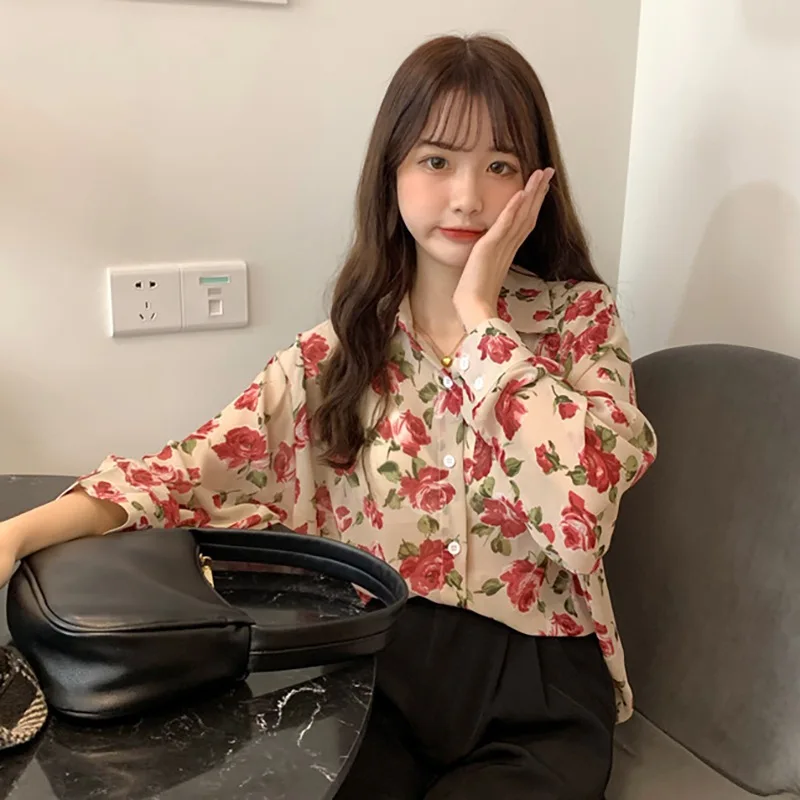 

Women Chiffon Blouses Retro Loose Lapel Shirt Summer Sexy Long Sleeve Loose Print Shirts Tops Feminino dropshipping