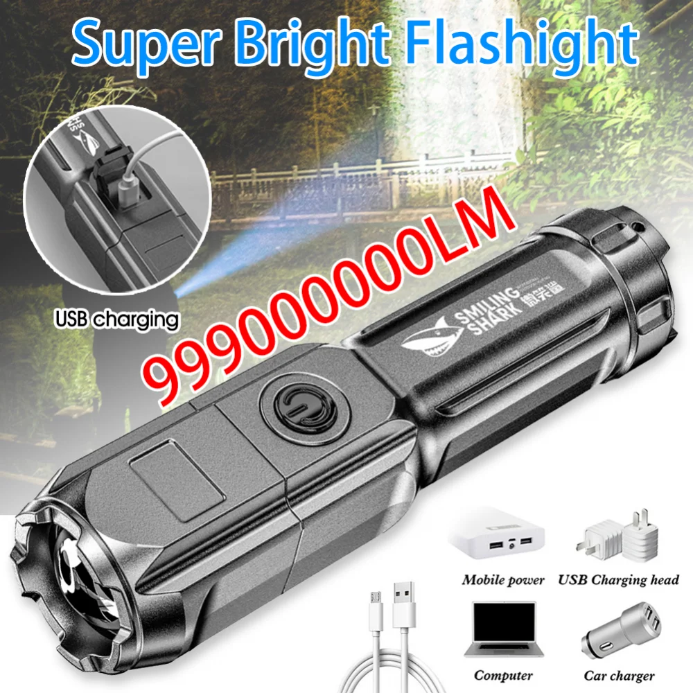 

Светодиодный водонепроницаемый тактический фонарик с зарядкой от USB, масштабируемый супер яркий фонарь для кемпинга, походов, рыбалки