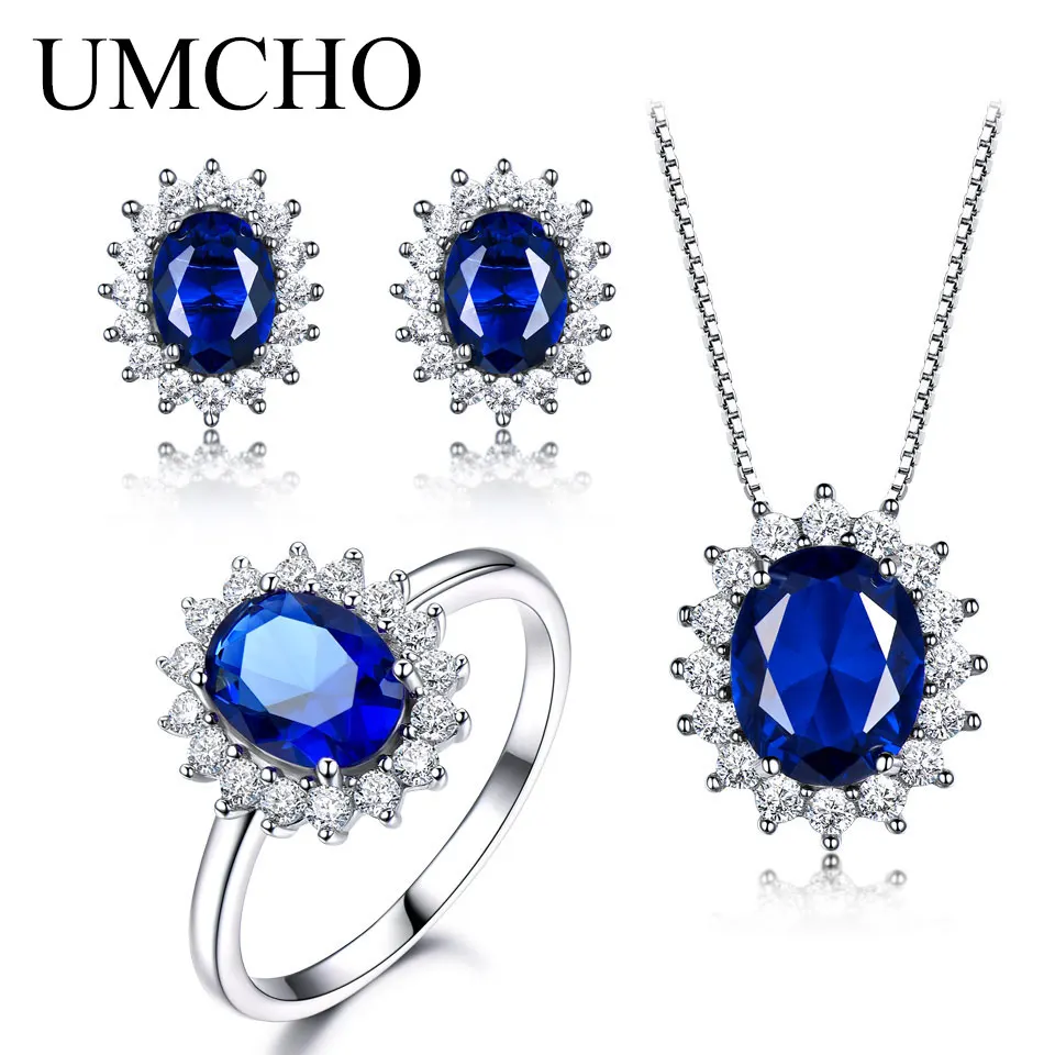 UMCHO 925 пробы серебряные ювелирные изделия набор нано Синий Сапфир Кольцо Кулон Серьги гвоздики для женщин бренд ювелирные изделия высшего качества