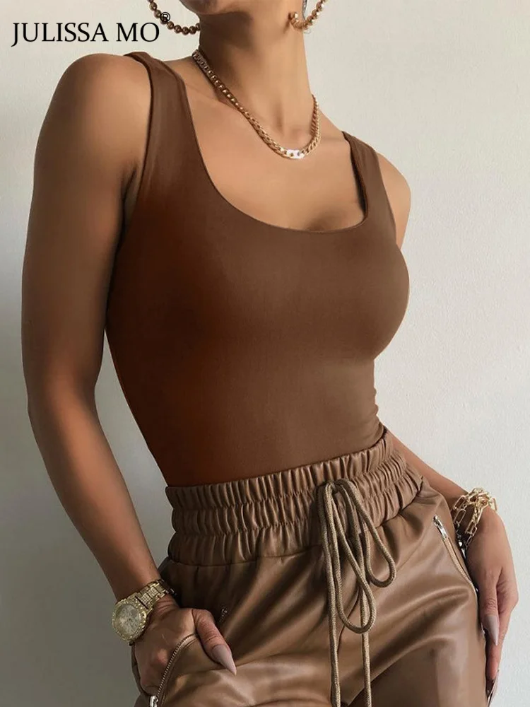 

JULISSA MO 2022 Basic Bodysuit Sexy Body Tops Skinny Club Sleeveless inner Buttons Rompers Women Jumpsuit Black Elegant Bodysuit