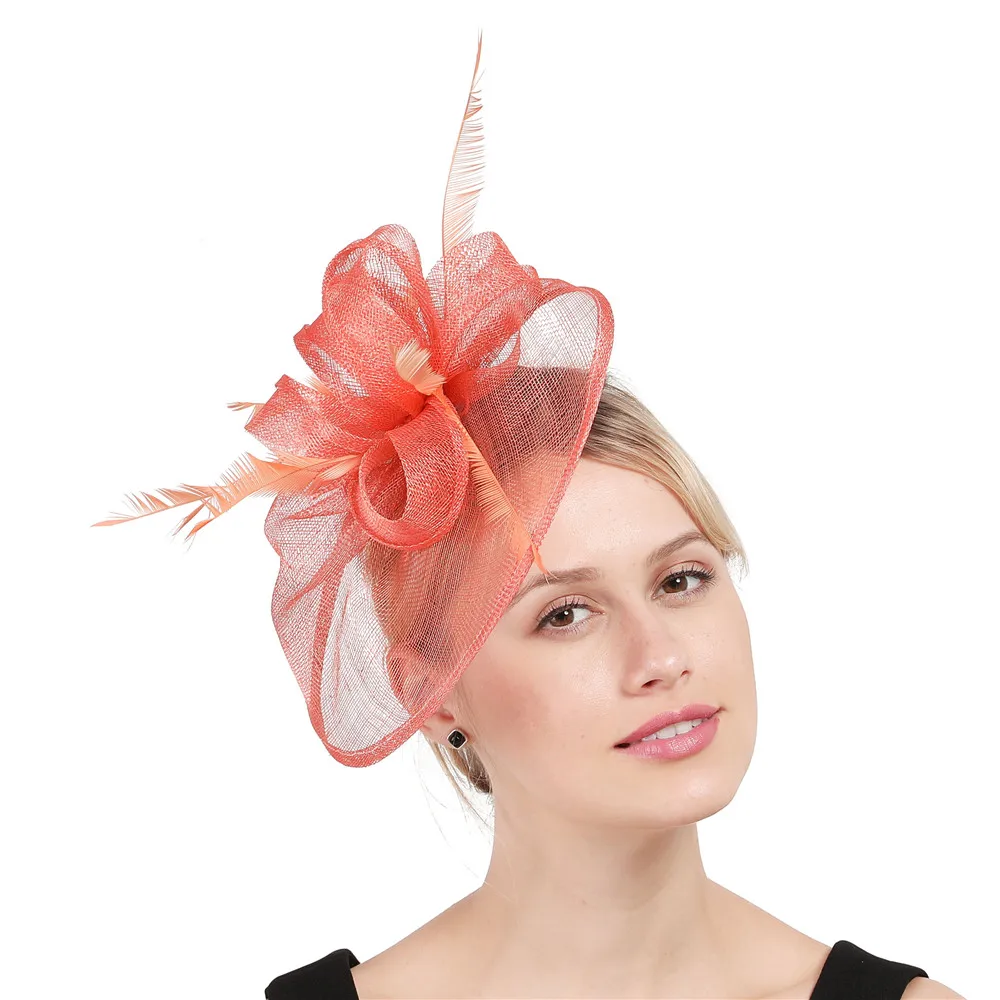 Осень шляп кораллового цвета Волос Чародей Sinamay свадебные заколки для волос или
