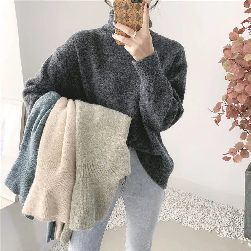 

Women's Oversized Turtleneck Sweaters Solid Long Sleeve Knitted Pullover Office Lady Thicken Knitting Clothing Autumn Winter