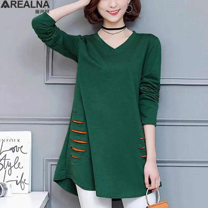 

Black Green Tshirt Women 2022 Spring Strped Hole Cotton Oversized T Shirt Vintage Loose Kawaii Clothes Long Sleeve Top Camisetas