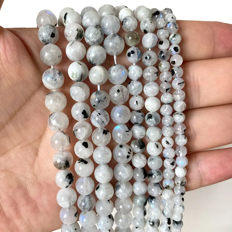 

YWROLE Natural Gem Stone Black White Moonstone Loose Round Spacer Beads For Jewelry Making DIY Bracelet Necklace 4/6/8MM 15''