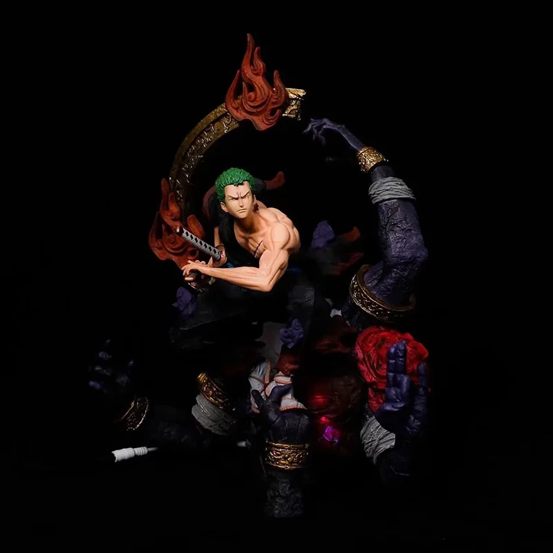

Anime Action Figures Roronoa Zoro Wonokuni Ronin Interchangeable Head Can Emit Light Scene Statue PVC Christmas Model Doll Toys