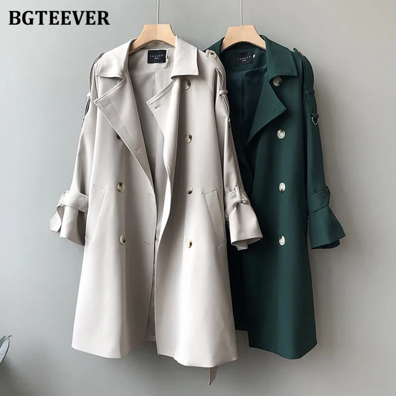 

BGTEEVER Elegant Notched Collar Women Long Trench Coats Full Sleeve Double Breasted Loose Sashes Belted Female Windbreaker 2021