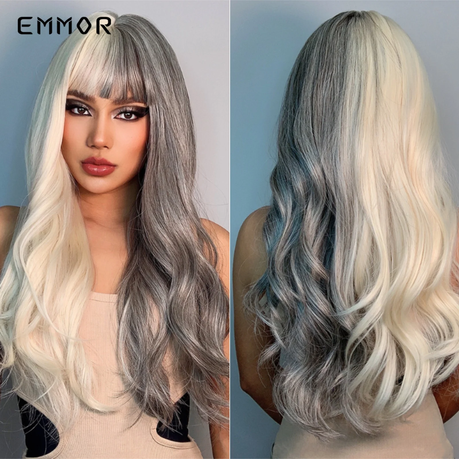 Emmor Cosplay Wigs Long Curly Half Platinum Blonde Half Ash Gray Halloween Party Hair Wig for Women Heat Resistant Fiber Wigs