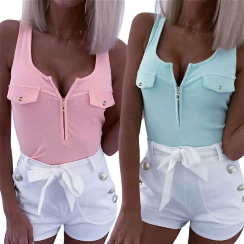 Women's Zip Tank Tops Sleeveless Slim Fit T-shirt Vest Ladies Summer Cami Blouse | Женская одежда