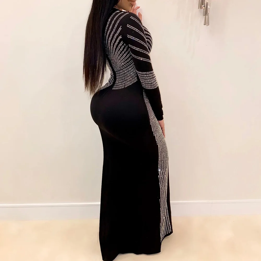 Сексуальное женское черное облегающее платье с блестками длинное макси для